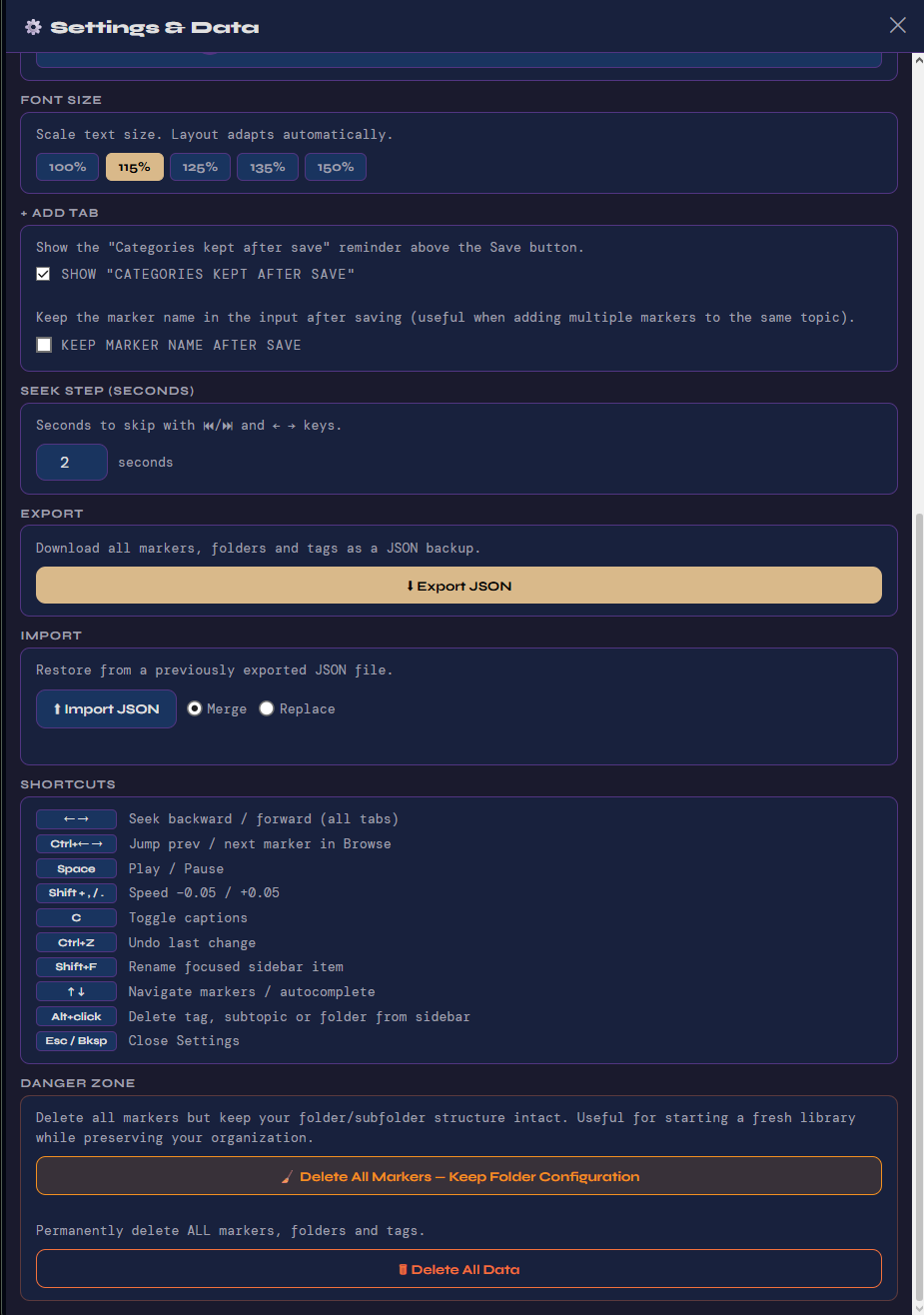 JumpMarkers Settings